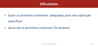 Dificuldades


• Quais as primitivas realmente adequadas para uma aplicação
  específica?

• Quais são as primitivas universais? Se existem!



                           Prof. Dr. Sofiane Labidi        90
 
