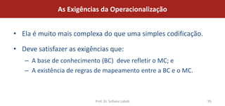 As Exigências da Operacionalização


• Ela é muito mais complexa do que uma simples codificação.

• Deve satisfazer as exigências que:
   – A base de conhecimento (BC) deve refletir o MC; e
   – A existência de regras de mapeamento entre a BC e o MC.



                          Prof. Dr. Sofiane Labidi             95
 