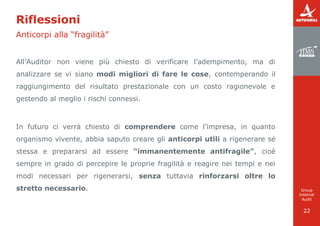 22
Riflessioni
AllAuditor non viene pi chiesto di verificare ladempimento, ma di
analizzare se vi siano modi migliori di fare le cose, contemperando il
raggiungimento del risultato prestazionale con un costo ragionevole e
gestendo al meglio i rischi connessi.
In futuro ci verr chiesto di comprendere come limpresa, in quanto
organismo vivente, abbia saputo creare gli anticorpi utili a rigenerare s
stessa e prepararsi ad essere immanentemente antifragile, cio
sempre in grado di percepire le proprie fragilit e reagire nei tempi e nei
modi necessari per rigenerarsi, senza tuttavia rinforzarsi oltre lo
stretto necessario.
Anticorpi alla fragilit
Group
Internal
Audit
 