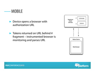 ► Device opens a browser with
authorization URL
► Tokens returned on URL behind #
fragment – instrumented browser is
monitoring and parses URL
MOBILE
 