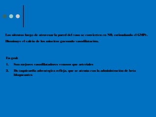 Los nitratos luego de atravesarla pared del vaso se convierten en NO, estimulando el GMPc.
Disminuye el calcio de los miocitos gnerando vasodilatación.
En gral:
1. Son mejores vasodilatadores venosos que arteriales
2. Da taquicardia adrenérgica refleja, que se atenúa con la administración de beta
bloqueantes
 
