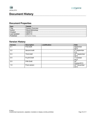 January 2014

Document History
Document Properties
Item
Title
Author
Created
Last Updated
Published

Details
System Overview
David Birkinshaw
20/09/13
28/01/14
[Publish Date]

Version History
Version
0.1

Description
First draft

0.2

Second draft

0.3

Third draft

0.4

Fourth Draft

0.5

Fifth Draft

1.0

Justification

Final version

© Apira
Unauthorised reproduction, adaptation, translation or display is strictly prohibited.

Date
September
2013
th
9 September
013
th
20 September
2013
st
1 October
2013
th
24
October2013
rd
23 December
2013

Page 16 of 17

 