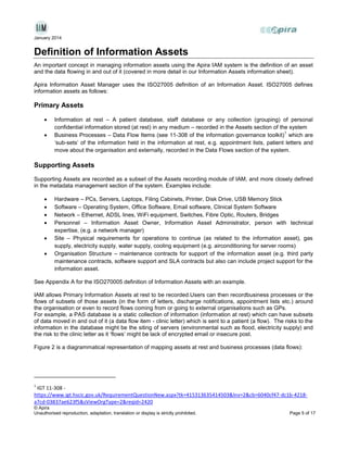 January 2014

Definition of Information Assets
An important concept in managing information assets using the Apira IAM system is the definition of an asset
and the data flowing in and out of it (covered in more detail in our Information Assets information sheet).
Apira Information Asset Manager uses the ISO27005 definition of an Information Asset. ISO27005 defines
information assets as follows:

Primary Assets
Information at rest – A patient database, staff database or any collection (grouping) of personal
confidential information stored (at rest) in any medium – recorded in the Assets section of the system
1
Business Processes – Data Flow Items (see 11-308 of the information governance toolkit) which are
‘sub-sets’ of the information held in the information at rest, e.g. appointment lists, patient letters and
move about the organisation and externally, recorded in the Data Flows section of the system.

Supporting Assets
Supporting Assets are recorded as a subset of the Assets recording module of IAM, and more closely defined
in the metadata management section of the system. Examples include:
Hardware – PCs, Servers, Laptops, Filing Cabinets, Printer, Disk Drive, USB Memory Stick
Software – Operating System, Office Software, Email software, Clinical System Software
Network – Ethernet, ADSL lines, WiFi equipment, Switches, Fibre Optic, Routers, Bridges
Personnel – Information Asset Owner, Information Asset Administrator, person with technical
expertise, (e.g. a network manager)
Site – Physical requirements for operations to continue (as related to the information asset), gas
supply, electricity supply, water supply, cooling equipment (e.g. airconditioning for server rooms)
Organisation Structure – maintenance contracts for support of the information asset (e.g. third party
maintenance contracts, software support and SLA contracts but also can include project support for the
information asset.
See Appendix A for the ISO270005 definition of Information Assets with an example.
IAM allows Primary Information Assets at rest to be recorded.Users can then recordbusiness processes or the
flows of subsets of those assets (in the form of letters, discharge notifications, appointment lists etc.) around
the organisation or even to record flows coming from or going to external organisations such as GPs.
For example, a PAS database is a static collection of information (information at rest) which can have subsets
of data moved in and out of it (a data flow item - clinic letter) which is sent to a patient (a flow). The risks to the
information in the database might be the siting of servers (environmental such as flood, electricity supply) and
the risk to the clinic letter as it ‘flows’ might be lack of encrypted email or insecure post.
Figure 2 is a diagrammatical representation of mapping assets at rest and business processes (data flows):

1

IGT 11-308 https://www.igt.hscic.gov.uk/RequirementQuestionNew.aspx?tk=415313635414503&lnv=2&cb=6040cf47-dc1b-4218a7cd-03837ae623f5&sViewOrgType=2&reqid=2420
© Apira
Unauthorised reproduction, adaptation, translation or display is strictly prohibited.

Page 5 of 17

 