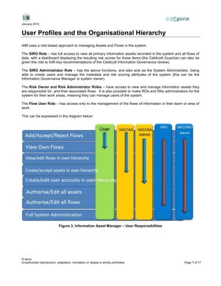 January 2014

User Profiles and the Organisational Hierarchy
IAM uses a role based approach to managing Assets and Flows in the system.
The SIRO Role – has full access to view all primary information assets recorded in the system and all flows of
data, with a dashboard displaying the resulting risk scores for those items (the Caldicott Guardian can also be
given this role to fulfil key recommendations of the Caldicott Information Governance review).
The SIRO Administrator Role – has the above functions, and also acts as the System Administrator, being
able to create users and manage the metadata and risk scoring attributes of the system (this can be the
Information Governance Manager or system owner).
The Risk Owner and Risk Administrator Roles – have access to view and manage information assets they
are responsible for, and their associated flows. It is also possible to make ROs and RAs administrators for the
system for their work areas, meaning they can manage users of the system.
The Flow User Role – has access only to the management of the flows of information in their team or area of
work.
This can be expressed in the diagram below:

Figure 3. Information Asset Manager – User Responsibilities

© Apira
Unauthorised reproduction, adaptation, translation or display is strictly prohibited.

Page 7 of 17

 