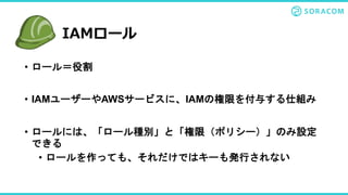 • ロール＝役割
• IAMユーザーやAWSサービスに、IAMの権限を付与する仕組み
• ロールには、「ロール種別」と「権限（ポリシー）」のみ設定
できる
• ロールを作っても、それだけではキーも発行されない
IAMロール
 
