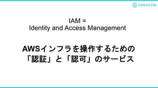 AWSインフラを操作するための
「認証」と「認可」のサービス
IAM =
Identity and Access Management
 
