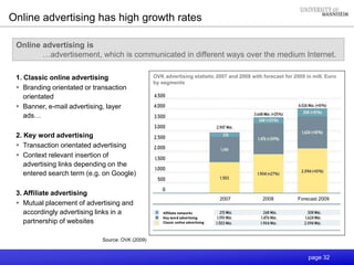 page 32
Online advertising has high growth rates
1. Classic online advertising
 Branding orientated or transaction
orientated
 Banner, e-mail advertising, layer
ads…
2. Key word advertising
 Transaction orientated advertising
 Context relevant insertion of
advertising links depending on the
entered search term (e.g. on Google)
3. Affiliate advertising
 Mutual placement of advertising and
accordingly advertising links in a
partnership of websites
Source: OVK (2009)
OVK advertising statistic 2007 and 2008 with forecast for 2009 in mill. Euro
by segments
2007 2008 Forecast 2009
Affiliate networks
Key word advertising
Classic online advertising
Online advertising is
…advertisement, which is communicated in different ways over the medium Internet.
 