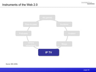 page 52
Instruments of the Web 2.0
Source: IMG (2006)
Online
advertising
Blogs
Peer-to-peer
Podcasts Avatars
IP TV
Ad games
Auctions
 