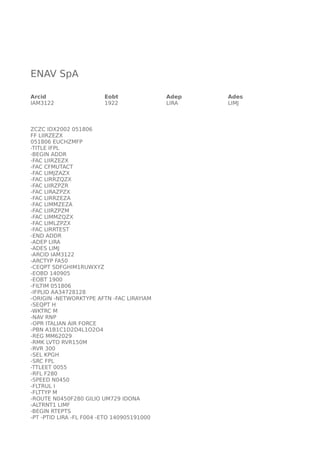 ENAV SpA 
Arcid Eobt Adep Ades 
IAM3122 1922 LIRA LIMJ 
ZCZC IDX2002 051806 
FF LIIRZEZX 
051806 EUCHZMFP 
-TITLE IFPL 
-B...