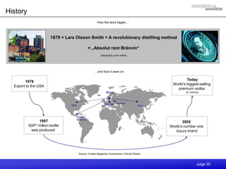 History
                                                     How the story began…



                      1879 + Lars Olsson Smith + A revolutionary distilling method

                                               = „Absolut rent Bränvin“
                                                        (absolutely pure vodka)




                                                   …and how it went on:

                                                                                                      Today
        1979
                                                                                              World„s biggest-selling
  Export to the USA
                                                                                                premium vodka
                                                            Åhus                                     (in volume)



                                                            Europe    Russia
                               USA                                                    Asia



                                      Latin
                                     America
               1997                                                                                 2002
          500th
              million bottle                                                                 World„s number one
           was produced                                                                         luxury brand




                                      Source: Forbes Magazine; Euromonitor; Pernod Ricard



                                                                                                              page 30
 