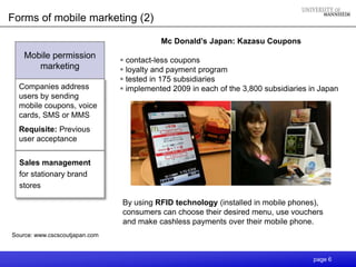 Forms of mobile marketing (2)

                                           Mc Donald’s Japan: Kazasu Coupons
    Mobile permission            contact-less coupons
       marketing                 loyalty and payment program
                                 tested in 175 subsidiaries
  Companies address              implemented 2009 in each of the 3,800 subsidiaries in Japan
  users by sending
  mobile coupons, voice
  cards, SMS or MMS
  Requisite: Previous
  user acceptance


  Sales management
  for stationary brand
  stores

                                By using RFID technology (installed in mobile phones),
                                consumers can choose their desired menu, use vouchers
                                and make cashless payments over their mobile phone.
Source: www.cscscoutjapan.com



                                                                                      page 6
 
