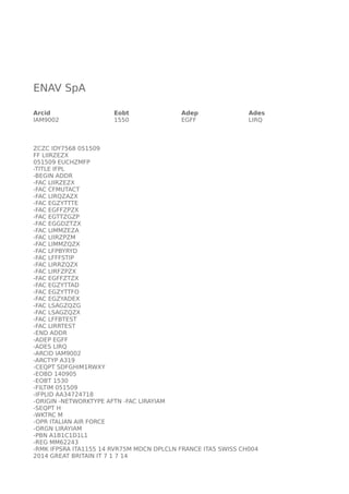 ENAV SpA 
Arcid Eobt Adep Ades 
IAM9002 1550 EGFF LIRQ 
ZCZC IDY7568 051509 
FF LIIRZEZX 
051509 EUCHZMFP 
-TITLE IFPL 
-B...
