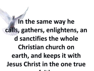 In the same way he
calls, gathers, enlightens, an
    d sanctifies the whole
     Christian church on
   earth, and keeps it with
 Jesus Christ in the one true
 