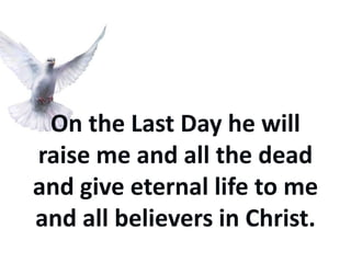 On the Last Day he will
raise me and all the dead
and give eternal life to me
and all believers in Christ.
 