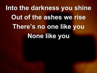 Into the darkness you shine
  Out of the ashes we rise
  There’s no one like you
        None like you
 
