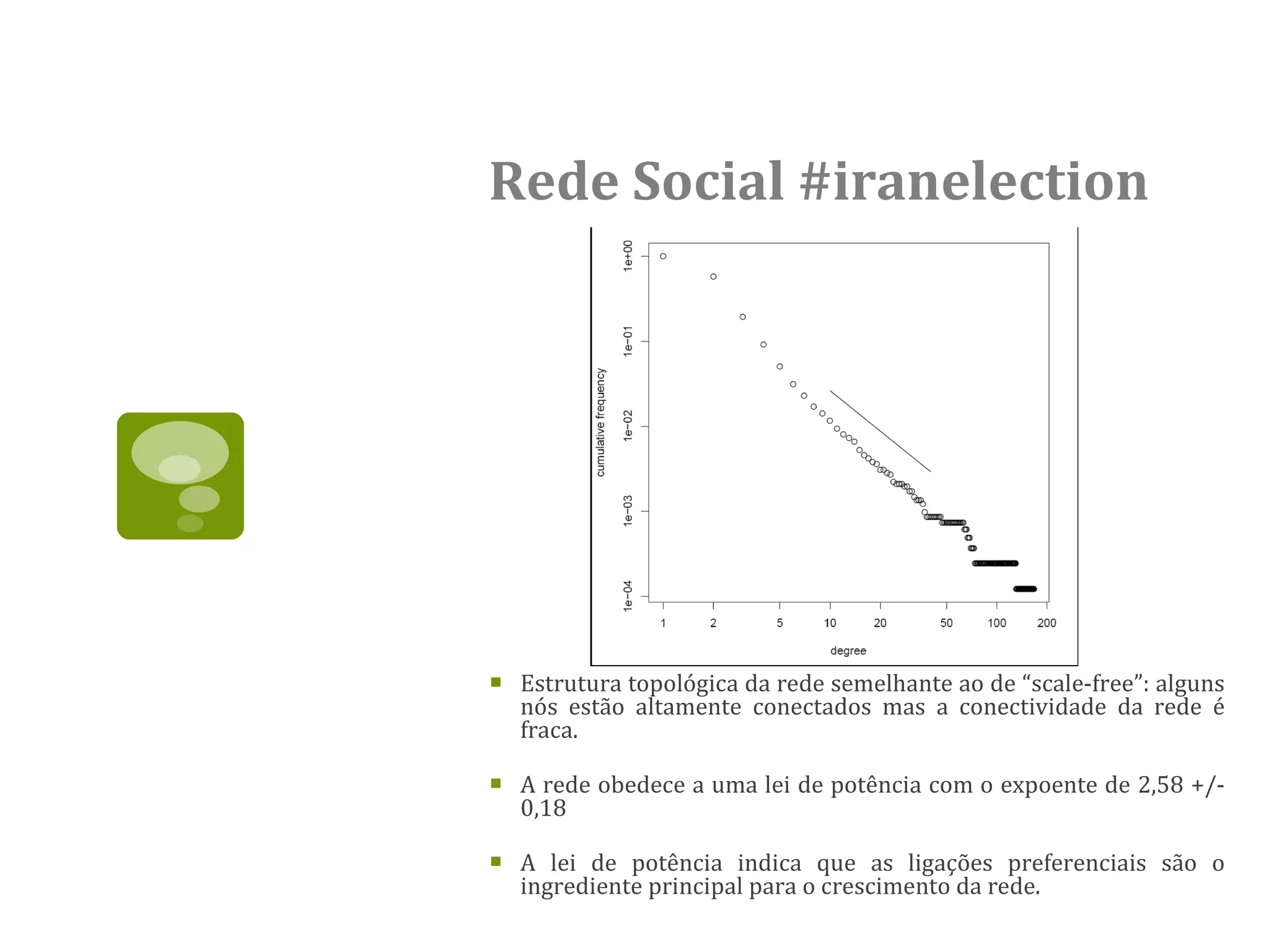 Rede Social #iranelection Estrutura topológica da rede semelhante ao de “scale-free”: alguns nós estão altamente conectados mas a conectividade da rede é fraca. A rede obedece a uma lei de potência com o expoente de 2,58 +/- 0,18   A lei de potência indica que as ligações preferenciais são o ingrediente principal para o crescimento da rede.   