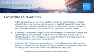 Competitor Chief Auditors
• At Citi, Mark Carawan has experienced stability amongst his leadership team, excluding
within ICG. Darren Jarvis moved into the business in May 2015, Mary McNiff moved into a
LATAM CAO role in Aug 2015, and now for the last 10 months Janet Chapman (formerly of
Bank of Tokyo Mitsubishi UFJ) is fulfilling the ICG Chief Auditor role from London.
• At JPMorgan, Jim Vallone is bringing in maturity with regards to professional practices, but
rapid change has many unsettled. Things are now moving towards a steady state as
methodology sets in. This methodology has moved them towards 4 year planning, which
has JPM bringing down co-sourcer costs over time.
• At Barclays, Sally Clark is now two years into her first Chief Auditor role. Many view her
approach to be innovative, but also feel that Sally is less experienced when compared with
her industry peers and in terms of how talent decisions are being made.
5Proprietary	
  &	
  Confidential	
  -­‐Not	
  for	
  use	
  or	
  disclosure	
  without	
  authorization	
  from	
  Willard	
  Powell,	
  Inc.
 