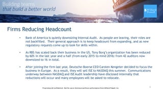 Firms Reducing Headcount
• Bank of America is quietly downsizing Internal Audit. As people are leaving, their roles are
not backfilled. Their general approach is to keep headcount from expanding, and as new
regulatory requests come up to look for skills within.
• As RBS has scaled back their business in the US, Tony Borg’s organization has been reduced
by 60% in the last year and a half (from early 2015 to mind 2016) from 42 auditors now
downsized to 16 in total.
• After joining the firm last year, Deutsche-Boerse CEO Carsten Kengeter decided to focus the
business in Europe. As a result, they will sell ISE to NASDAQ this summer. Communications
underway between NASDAQ and ISE Audit leadership have disclosed internally that
reductions will occur and many employees will be asked to relocate.
8Proprietary	
  &	
  Confidential	
  -­‐Not	
  for	
  use	
  or	
  disclosure	
  without	
  authorization	
  from	
  Willard	
  Powell,	
  Inc.
 