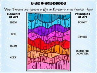 Copyright (c) 2014 J. Runde
I Am … Creative
What Principles and Elements of Art are Represented in this Example? How?
Elements
of Art
Space
Line
Shape
Color
Principles
of Art
Pattern
Emphasis
Rhythm and
Movement
 