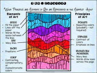 • Fill the paper
• Lines off the
paper
• Words fill the
space between
the lines
Copyright (c) 2014 J. Runde
I Am … Creative
What Principles and Elements of Art are Represented in this Example? How?
Elements
of Art
Space
Line
Shape
Color
Principles
of Art
Pattern
Emphasis
Rhythm and
Movement
• Wavy lines
• Freeform
• Contrasting,
complementary,
or
monochromatic
colors
• Repeating colors
(possibility – not
required)
• Contrast of
colors
• Emphasis on lines
• Wavy lines
• Words draw eyes
across the page
 