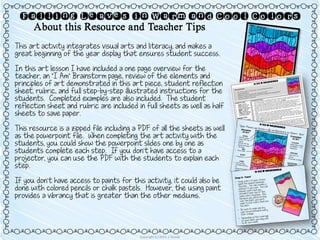Copyright (c) 2014 J. Runde
Falling Leaves in Warm and Cool Colors
About this Resource and Teacher Tips
This art activity integrates visual arts and literacy, and makes a
great beginning of the year display that ensures student success.
In this art lesson I have included a one page overview for the
teacher, an “I Am” Brainstorm page, review of the elements and
principles of art demonstrated in this art piece, student reflection
sheet, rubric, and full step-by-step illustrated instructions for the
students. Completed examples are also included. The student
reflection sheet and rubric are included in full sheets as well as half
sheets to save paper.
This resource is a zipped file including a PDF of all the sheets as well
as the powerpoint file. When completing the art activity with the
students, you could show the powerpoint slides one by one as
students complete each step. If you don’t have access to a
projector, you can use the PDF with the students to explain each
step.
If you don’t have access to paints for this activity, it could also be
done with colored pencils or chalk pastels. However, the using paint
provides a vibrancy that is greater than the other mediums.
 