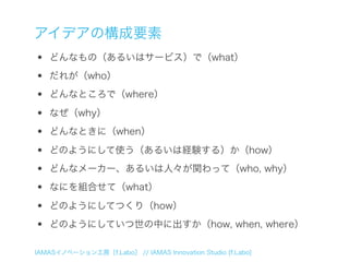 アイデアの構成要素
•   どんなもの（あるいはサービス）で（what）

•   だれが（who）

•   どんなところで（where）

•   なぜ（why）

•   どんなときに（when）

•   どのようにして使う（あるいは経験する）か（how）

•   どんなメーカー、あるいは人々が関わって（who, why）

•   なにを組合せて（what）

•   どのようにしてつくり（how）

•   どのようにしていつ世の中に出すか（how, when, where）

IAMASイノベーション工房［f.Labo］ // IAMAS Innovation Studio [f.Labo]
 
