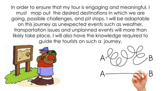 In order to ensure that my tour is engaging and meaningful, I
must map out the desired destinations in which we are
going, possible challenges, and pit stops. I will be adaptable
on this journey as unexpected events such as weather,
transportation issues and unplanned events will more than
likely take place. I will also have the knowledge required to
guide the tourists on such a journey.

 