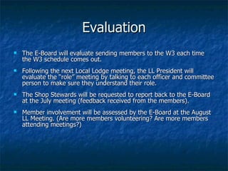 Evaluation The E-Board will evaluate sending members to the W3 each time the W3 schedule comes out. Following the next Local Lodge meeting, the LL President will evaluate the “role” meeting by talking to each officer and committee person to make sure they understand their role. The Shop Stewards will be requested to report back to the E-Board at the July meeting (feedback received from the members).  Member involvement will be assessed by the E-Board at the August LL Meeting. (Are more members volunteering? Are more members attending meetings?) 