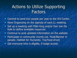 Actions to Utilize Supporting Factors Commit to send two people per year to the W3 Center.  Have Organizing on the agenda of each LL meeting. Set up a meeting with Mike King and/or Dan Van De Kolk to define available resources. Continue to post updated information on the website. Participate in community events (ex. Float/Banner in parade. Habitat for Humanity. Toy/food drive) Get everyone who is eligible, V-lodge access. 