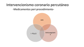 Intervencionismo coronario percutáneo
-Medicamentos peri procedimiento-
AAS
Anticoagulant
e
I -P2y12
 
