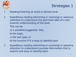 Strategies 1
1 Reading/listening at word or phrase level
2 Expeditious reading (skimming or scanning) or selective
attention to understand the gist/main idea of a text
(overall understanding of the text).
This can be
a) a possible/suggested title,
b) the topic,
c) the text type, or
d) the function if it is easy to identify/spot
3 Expeditious reading (skimming or scanning) or selective
attention to understand concrete information that is
explicit and easy to identify/spot.
17
 