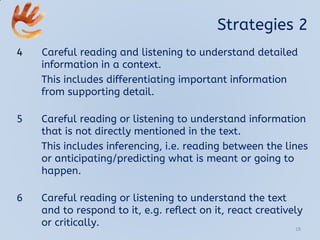 Strategies 2
4 Careful reading and listening to understand detailed
information in a context.
This includes differentiating important information
from supporting detail.
5 Careful reading or listening to understand information
that is not directly mentioned in the text.
This includes inferencing, i.e. reading between the lines
or anticipating/predicting what is meant or going to
happen.
6 Careful reading or listening to understand the text
and to respond to it, e.g. reflect on it, react creatively
or critically. 18
 