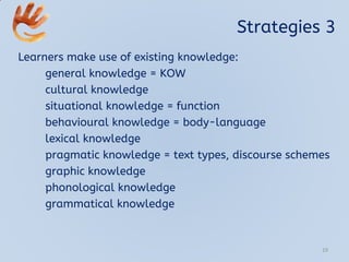 Strategies 3
Learners make use of existing knowledge:
general knowledge = KOW
cultural knowledge
situational knowledge = function
behavioural knowledge = body-language
lexical knowledge
pragmatic knowledge = text types, discourse schemes
graphic knowledge
phonological knowledge
grammatical knowledge
19
 
