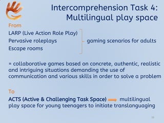 Intercomprehension Task 4:
Multilingual play space
From
LARP (Live Action Role Play)
Pervasive roleplays gaming scenarios for adults
Escape rooms
= collaborative games based on concrete, authentic, realistic
and intriguing situations demanding the use of
communication and various skills in order to solve a problem
To
ACTS (Active & Challenging Task Space) multilingual
play space for young teenagers to initiate translanguaging
33
 
