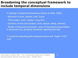 7
Broadening the conceptual framework to
include temporal dimensions
Domenget & Latzko-Toth – For a temporalist approach o...