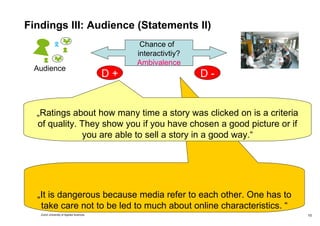Findings III: Audience (Statements II) „ It is dangerous because media refer to each other. One has to take care not to be...