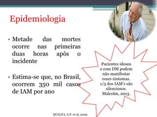 Pacientes idosos 
e com DM podem 
não manifestar 
esses sintomas. 
1/3 dos IAM’s são 
silenciosos. 
Malcolm, 2013. 
Epidemiologia 
• Metade das mortes 
ocorre nas primeiras 
duas horas após o 
incidente 
• Estima-se que, no Brasil, 
ocorrem 350 mil casos 
de IAM por ano 
QUILICI, A.P. et al, 2009 
 