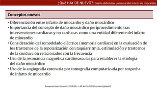 ¿Qué HAY DE NUEVO?: Cuarta definición universal del infarto de miocardio
European Heart Journal (2018) 00, 1–33 doi:10.1093/eurheartj/ehy462
 