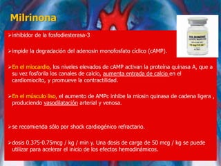Milrinona
inhibidor de la fosfodiesterasa-3
impide la degradación del adenosin monofosfato cíclico (cAMP).
En el miocardio, los niveles elevados de cAMP activan la proteína quinasa A, que a
su vez fosforila los canales de calcio, aumenta entrada de calcio en el
cardiomiocito, y promueve la contractilidad.
En el músculo liso, el aumento de AMPc inhibe la miosin quinasa de cadena ligera ,
produciendo vasodilatación arterial y venosa.
se recomienda sólo por shock cardiogénico refractario.
dosis 0.375-0.75mcg / kg / min y. Una dosis de carga de 50 mcg / kg se puede
utilizar para acelerar el inicio de los efectos hemodinámicos.
 