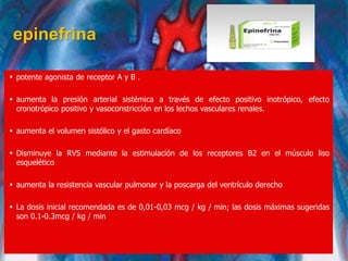 epinefrina
 potente agonista de receptor A y B .
 aumenta la presión arterial sistémica a través de efecto positivo inotrópico, efecto
cronotrópico positivo y vasoconstricción en los lechos vasculares renales.
 aumenta el volumen sistólico y el gasto cardíaco
 Disminuye la RVS mediante la estimulación de los receptores B2 en el músculo liso
esquelético
 aumenta la resistencia vascular pulmonar y la poscarga del ventrículo derecho
 La dosis inicial recomendada es de 0,01-0,03 mcg / kg / min; las dosis máximas sugeridas
son 0.1-0.3mcg / kg / min
 