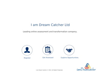 I am Dream Catcher © 2014. All Rights Protected.
Register Get Assessed Explore Opportunities
Leading online assessment and transformation company.
I am Dream Catcher Ltd
 