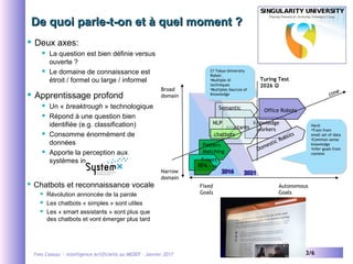 Yves Caseau - Intelligence Artificielle au MEDEF – Janvier 2017 3/6
De quoi parle-t-on et à quel moment ?De quoi parle-t-on et à quel moment ?
 Deux axes:
 La question est bien définie versus
ouverte ?
 Le domaine de connaissance est
étroit / formel ou large / informel
 Apprentissage profond
 Un « breaktrough » technologique
 Répond à une question bien
identifiée (e.g. classification)
 Consomme énormément de
données
 Apporte la perception aux
systèmes intelligents
Knowledge
workersAssistants
Broad
domain
Narrow
domain
Fixed
Goals
Autonomous
Goals
Pattern
Matching
NLP
Semantic Office Robots
Domestic Robotschatbots
time
Turing Test
2026 
Expert
systemsRPA
Hard:
•Train from
small set of data
•Common-sense
knowledge
•Infer goals from
context
Hard:
•Train from
small set of data
•Common-sense
knowledge
•Infer goals from
context
Cf Tokyo University
Robot:
•Multiple AI
techniques
•Multiples Sources of
Knowledge
Cf Tokyo University
Robot:
•Multiple AI
techniques
•Multiples Sources of
Knowledge
 Chatbots et reconnaissance vocale
 Révolution annoncée de la parole
 Les chatbots « simples » sont utiles
 Les « smart assistants » sont plus que
des chatbots et vont émerger plus tard
 