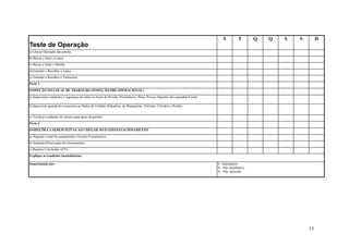 13 
Teste de Operação 
S T Q Q S S D 
a) Checar Operação das patolas 
b) Baixar e Subir a Lança 
c) Baixar e Subir o Moitão 
d) Estender e Recolher a Lança 
e) Estender e Recolher o Telescópio 
Parte 2 
INSPEÇÃO NO LOCAL DE TRABALHO (INSPEÇÃO PRÉ-OPERACIONAL) 
a) Inspecionar condições e segurança de todos os Aneis de Pressão, Prendedores, Pinos, Porcas, Suportes dos caçambas/Cestas 
b) Inpecionar quando há vazamento ao Redor da Unidade Hidraúlica, de Mangueiras, Válvulas, Cilindros e Bomba 
c) Verificar condições do terreno para apoio da patolas 
Parte 3 
INSPEÇÕES A SEREM FEITAS AO CHEGAR NO PATIO/ESTACIONAMENTO 
a) Inspeção visual do equipamento (Avarias/Vazamentos) 
b) Inspeção/Observação dos Instrumentos 
c) Reparos Concluídos (S/N) 
Explique as condições insatisfatórias: 
Inspecionado por: S - Satisfatório 
N - Não Satisfatório 
X - Não Aplicado 
 