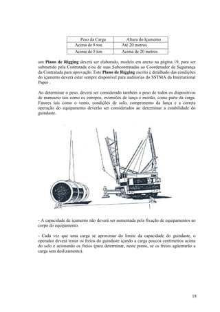 18 
Peso da Carga Altura do Içamento 
Acima de 8 ton Até 20 metros 
Acima de 5 ton Acima de 20 metros 
um Plano de Rigging deverá ser elaborado, modelo em anexo na página 19, para ser 
submetido pela Contratada e/ou de suas Subcontratadas ao Coordenador de Segurança 
da Contratada para aprovação. Este Plano de Rigging escrito e detalhado das condições 
do içamento deverá estar sempre disponível para auditorias do SSTMA da International 
Paper . 
Ao determinar o peso, deverá ser considerado também o peso de todos os dispositivos 
de manuseio tais como os estropos, extensões de lança e moitão, como parte da carga. 
Fatores tais como o vento, condições de solo, comprimento da lança e a correta 
operação do equipamento deverão ser considerados ao determinar a estabilidade do 
guindaste. 
- A capacidade de içamento não deverá ser aumentada pela fixação de equipamentos ao 
corpo do equipamento. 
- Cada vez que uma carga se aproximar do limite da capacidade do guindaste, o 
operador deverá testar os freios do guindaste içando a carga poucos centímetros acima 
do solo e acionando os freios (para determinar, neste ponto, se os freios agüentarão a 
carga sem deslizamento). 
 
