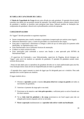 20 
B.TABELA DE CAPACIDADE DE CARGA 
A Tabela de Capacidade de Carga deverá estar afixada em cada guindaste. O operador deverá poder 
consultar esta tabela em sua posição normal de operação. Esta tabela mostrará a direção menos estável 
do guindaste e também as posições mais perigosas para lança. Indicará também as limitações dos 
componentes do guindaste e descreverá os procedimentos corretos de operação. 
C.RIGGER/SINALEIRO 
Os “riggers” deverão preencher os seguintes requisitos: 
· Serem competentes para a tarefa, treinados e experientes (comprovação em carteira como rigger); 
· Sabererem determinar o peso, o centro de gravidade e as características das cargas; 
· Estar aptos a inspecionar e determinar se eslingas e cabos de aço ou outras peças de içamento estão 
danificadas ou impróprias para o uso; 
· Estar familiarizados com as diferentes técnicas de amarração; 
· Conhece os sinais corretos de mão; 
· Estar autorizados pela contratada a exercer esta função e estar aprovado pela SSTMA da 
International Paper. 
- O supervisor da Contratada e suas Subcontratadas, supervisor do Rigging, deverá designar um 
“rigger”, para servir de sinaleiro ao operador do guindaste. O operador do guindaste acatará sinais 
somente desta pessoa. 
- Sinais de mão dados para os operadores de guindaste deverão ser os sinais padronizados para este fim. 
Uma ilustração destes sinais deverá ser disponibilizada em todos os guindastes. 
- O operador deve seguir somente os sinais do rigger que foi designado para ser o sinaleiro. Para cada 
operação deve existir apenas um sinaleiro. 
O rigger sinaleiro deve:- 
1º. Orientar o operador quando o mesmo não possa observar a carga ou gancho em todos os 
movimentos do guindaste; 
2º. Autorizar o içamento da carga após o seu sinal; 
3º. Posicionar-se de maneira a ser visto pelo operador, e suficiente perto se estiver fazendo uso 
de sinais manuais. 
4º. Ter a visão total do guindaste e da carga posicionar-se em local seguro para não ser 
atingido pelo mesmo enquanto estiver se movendo. 
5º. Parar a operação imediatamente se o operador não estiver vendo sua localização. 
 