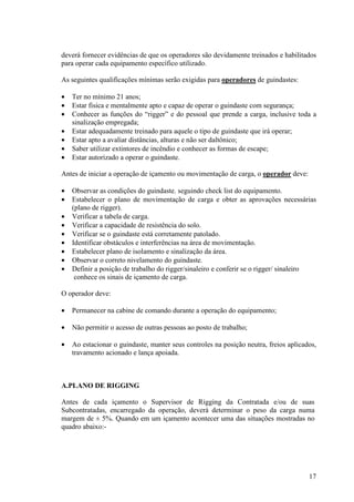 deverá fornecer evidências de que os operadores são devidamente treinados e habilitados 
para operar cada equipamento específico utilizado. 
As seguintes qualificações mínimas serão exigidas para operadores de guindastes: 
· Ter no mínimo 21 anos; 
· Estar fisica e mentalmente apto e capaz de operar o guindaste com segurança; 
· Conhecer as funções do “rigger” e do pessoal que prende a carga, inclusive toda a 
17 
sinalização empregada; 
· Estar adequadamente treinado para aquele o tipo de guindaste que irá operar; 
· Estar apto a avaliar distâncias, alturas e não ser daltônico; 
· Saber utilizar extintores de incêndio e conhecer as formas de escape; 
· Estar autorizado a operar o guindaste. 
Antes de iniciar a operação de içamento ou movimentação de carga, o operador deve: 
· Observar as condições do guindaste, seguindo check list do equipamento. 
· Estabelecer o plano de movimentação de carga e obter as aprovações necessárias 
(plano de rigger). 
· Verificar a tabela de carga. 
· Verificar a capacidade de resistência do solo. 
· Verificar se o guindaste está corretamente patolado. 
· Identificar obstáculos e interferências na área de movimentação. 
· Estabelecer plano de isolamento e sinalização da área. 
· Observar o correto nivelamento do guindaste. 
· Definir a posição de trabalho do rigger/sinaleiro e conferir se o rigger/ sinaleiro 
conhece os sinais de içamento de carga. 
O operador deve: 
· Permanecer na cabine de comando durante a operação do equipamento; 
· Não permitir o acesso de outras pessoas ao posto de trabalho; 
· Ao estacionar o guindaste, manter seus controles na posição neutra, freios aplicados, 
travamento acionado e lança apoiada. 
A.PLANO DE RIGGING 
Antes de cada içamento o Supervisor de Rigging da Contratada e/ou de suas 
Subcontratadas, encarregado da operação, deverá determinar o peso da carga numa 
margem de ± 5%. Quando em um içamento acontecer uma das situações mostradas no 
quadro abaixo:- 
 