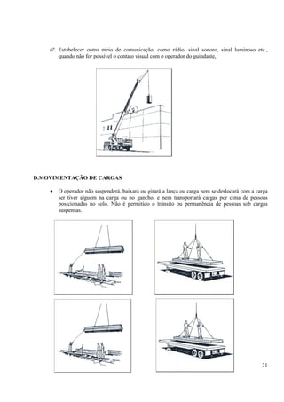 6º. Estabelecer outro meio de comunicação, como rádio, sinal sonoro, sinal luminoso etc., 
21 
quando não for possível o contato visual com o operador do guindaste, 
D.MOVIMENTAÇÃO DE CARGAS 
· O operador não suspenderá, baixará ou girará a lança ou carga nem se deslocará com a carga 
ser tiver alguém na carga ou no gancho, e nem transportará cargas por cima de pessoas 
posicionadas no solo. Não é permitido o trânsito ou permanência de pessoas sob cargas 
suspensas. 
 
