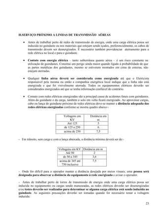 23 
H.SERVIÇO PRÓXIMO A LINHAS DE TRANSMISSÃO AÉREAS 
· Antes de trabalhar perto de redes de transmissão de energia, onde uma carga elétrica possa ser 
induzida no guindaste ou nos materiais que estejam sendo içados, preferencialmente, os cabos de 
transmissão devem ser desnergizados. É necessário também providenciar aterramento para a 
rede elétrica no local e para o guindaste. 
· Contato com energia elétrica – tanto subterrânea quanto aérea – é um risco constante na 
utilização de guindastes. Constitui um perigo ainda maior quando ligado à probabilidade de que 
as partes metálicas dos guindastes, mesmo se estiverem montados em cima de esteiras, não 
estejam aterradas. 
· Qualquer linha aérea deverá ser considerada como energizada até que o Eletricista 
responsável pela mesma ou então a companhia energética local indique que a linha não está 
energizada e que foi visivelmente aterrada. Todos os equipamentos elétricos deverão ser 
considerados energizados até que se tenha informação confiável do contrário. 
· Contato com redes elétricas energizadas são a principal causa de acidentes fatais com guindastes. 
Além do guindaste e da carga, também o solo em volta ficará energizado. Ao aproximar cargas, 
cabo ou lança do guindaste próximo de redes elétricas deve-se manter a distância adequada das 
redes elétricas energizadas conforme se mostra quadro abaixo:- 
Voltagens em 
KV 
Distância em 
m 
Até 125 5 
de 125 a 250 6 
acima de 250 7,5 
- Em trânsito, sem carga e com a lança abaixada, a distância mínima deverá ser de:- 
Voltagens em KV Distância em m 
Até 50 2 
de 50 a 345 3,6 
acima de 345 até 
750 inclusive 
7,5 
- Onde for difícil para o operador manter a distância desejada por meios visuais, uma pessoa será 
designada para observar a distância do equipamento à rede energizada e avisar o operador. 
- Antes de trabalhar perto de torres de transmissão de energia onde uma carga elétrica possa ser 
induzida no equipamento ou cargas sendo manuseadas, as redes elétricas deverão ser desenergizadas 
e/ou testes deverão ser realizados para determinar se alguma carga elétrica está sendo induzida no 
guindaste. As seguintes precauções deverão ser tomadas quando for necessário testar a voltagem 
induzida: 
 