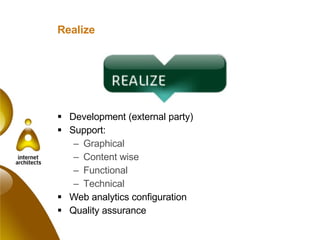 Realize Development (external party) Support: Graphical Content wise Functional Technical Web analytics configuration Quality assurance 