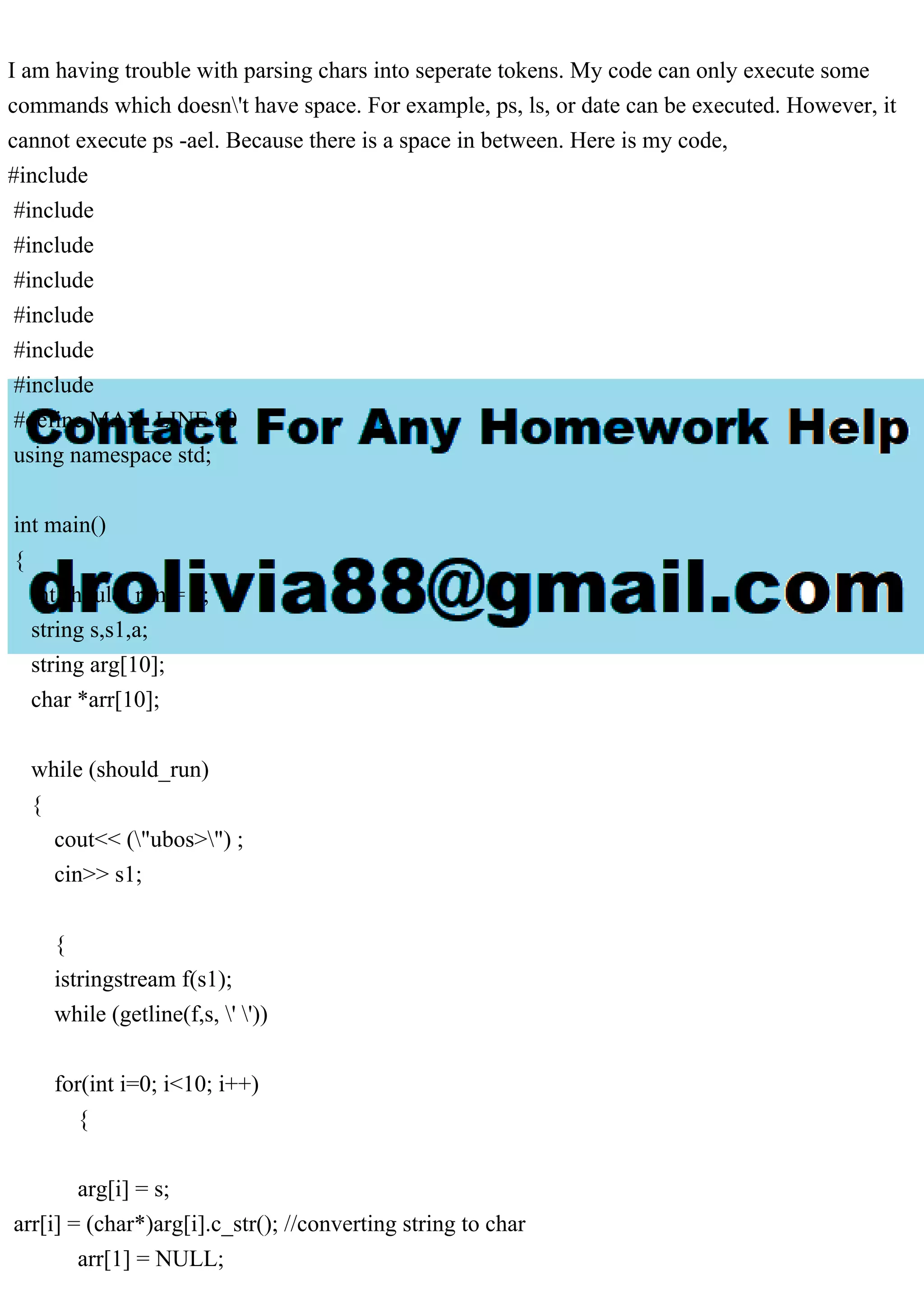 I am having trouble with parsing chars into seperate tokens. My code.pdf